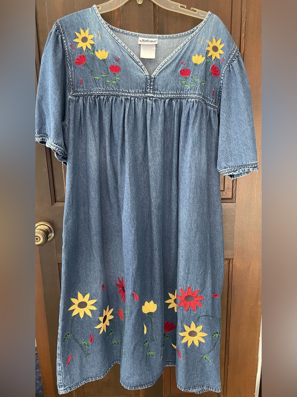 Vintage Denim Midi Dress with Bright Floral Embroidery by National